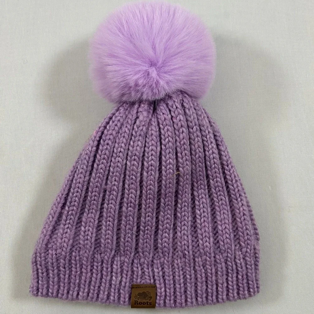 Roots Beanie Kids Girls One Size Purple Sparkle Ribbed Knit‎ Faux Fur Pom Toque